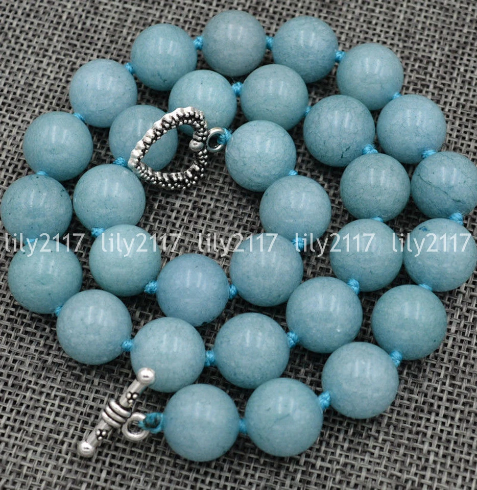 Natural 12mm Brazil Aquamarine Gemstone Necklace Tibetan silver love clasps 18'' - Image 1 of 4