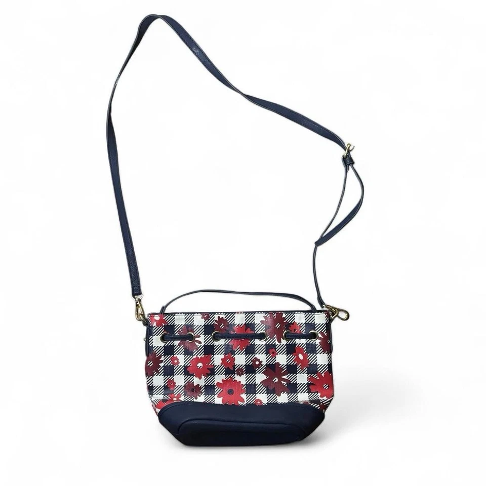 Tommy Hilfiger Plaid Floral Crossbody Bucket Bag – Red & Navy Drawstring Purse - Image 1 of 4