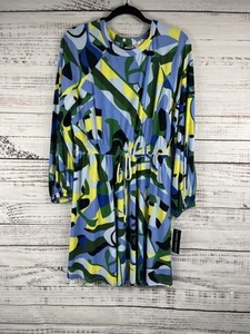 Donna Morgan Dress Womens 8 Blue Green Yellow Abstract Print Long Sleeve Belted - Picture 1 of 9