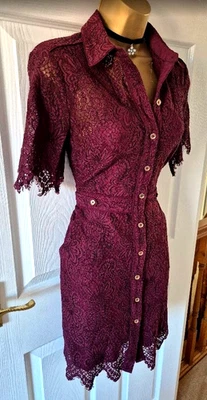 KAREN MILLEN Burgundy Lace Collared Button Up Shirt Dress - Size 10 - Image 1 of 4
