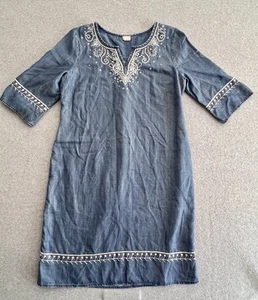 CHICO’S Embroidered Denim Dress Chambray Tencel Sz 1 Small 42” Bust 38” Length - Picture 1 of 15