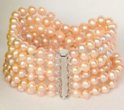 Brazalete brazalete 6 filas 6-7 mm real natural rosa perlas de agua dulce 8 pulgadas Foto 1 de 4