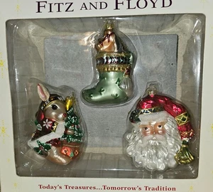 Fitz And Floyd Set 3 Eleganti Ornamenti Natalizi Vetro Vintage 2004 Nuovi - Foto 1 di 5