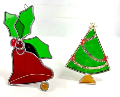 Vidrieras vintage de NAVIDAD * Lote de 2 * Campana de acebo * Árbol * Foto 1 de 4