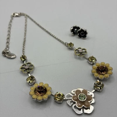 VTG Pilgrim Danish Floral Jewelry Set Rhinestone Flower Necklace Earring Enamel - Image 1 of 4