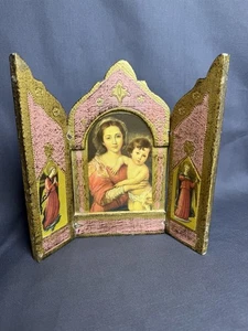 Vtg Holy Mary Madonna Baby Jesus Gold Triptych Wood Frame 8" Religion Italian - Picture 1 of 6