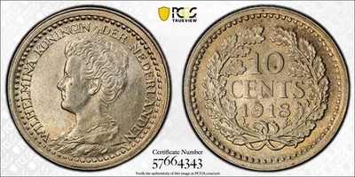NETHERLANDS 10 Cents 1918, Silver, PCGS MS 63 Choice UNC Nice Luster, Rare. K6 - Image 1 of 3