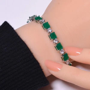 Emerald Simulated 925 Sterling Silver Tennis Bracelet 7.99" B36, Gift for her - Picture 1 of 3