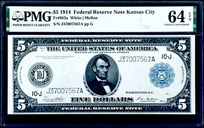 $5 1914 Federal Reserve Note Kansas City Fr#883a White | Mellon PMG 64 EPQ CU - Image 1 of 3