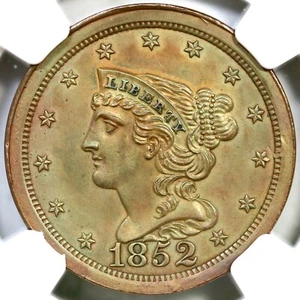 1852 Second Restrike 1-C R-7 NGC PF 62 BN Braided Hair Half Cent Coin 1/2c - Picture 1 of 3