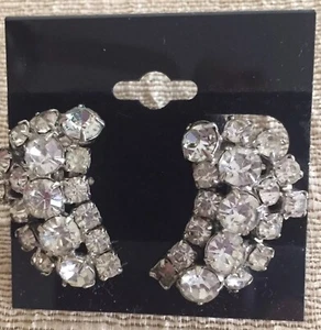 Vtg Rhinestone Clip On Earrings Bling Formal Wear Bridal Prom Estate Jewelry - Picture 1 of 6