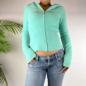 Vintage Y2K Wet Seal Indie Coquette Teal Fuzzy Hooded Zipper Jacket / Size: S - Picture 1 of 6