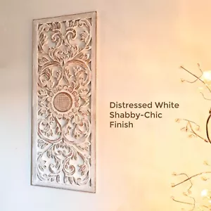 Carved Wooden Wall Art - Long Decorative Mandala Distressed White Panel - Picture 1 of 10