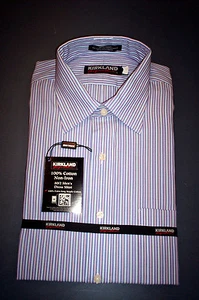 NWT KIRKLAND  NON-IRON SPREAD COLLAR DRESS SHIRT PURPLE/BLUE STRIPE-15 32 - Picture 1 of 1