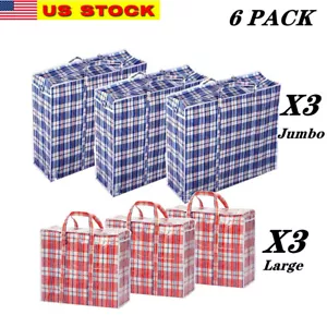 6 Pc Reusable Large Jumbo plastic Shopping Laundry Moving Storage Bag Zipper - Picture 1 of 7