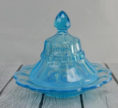 Vintage Northwood Glass Opalescent Regal Blue Butter Dish 6“ Tall - Image 1 of 4