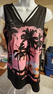 Paradiso Women's Top  Tropical Beach Sunset with bling Large - Picture 1 of 3