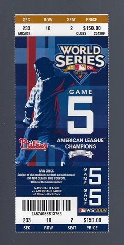 2009 MLB WORLD SERIES YANKEES @ PHILLIES GAME #5 - FULL UNUSED BASEBALL TICKET Cover