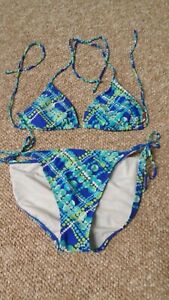 Ocean Pacific OP Bikini. Blue Aqua Green & White. Size Bottom L 11-13 Top M 7-9
