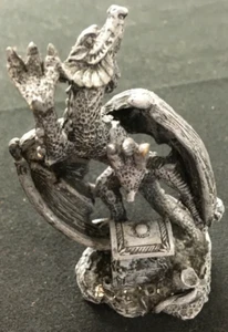 Dragon Guarding Treasure Chest Dark Grey Resin Silver finish Figurine 4"Tall 90s - Picture 1 of 6