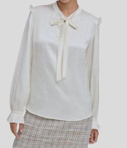 Calvin Klein Women's White Textured Ruffled Tie-Neck Blouse Top Size M - Picture 1 of 2