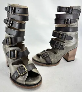 Freebird Women’s 6 Gray Green Heel Buckles Boot Ankle Gladiator Sandal Steampunk - Picture 1 of 16