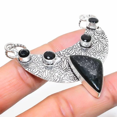 Nuummite, Spinello Nero Pietra Preziosa Pendente In Argento Sterling 925 2.40" - Immagine 1 di 4