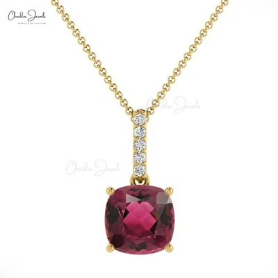 Colgante colgante de diamantes y turmalina rosa corte cojín natural de oro macizo de 14k de 6 mm Foto 1 de 4