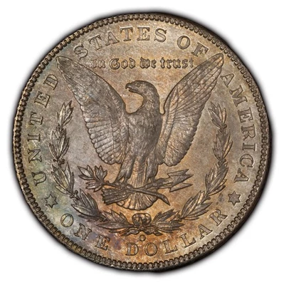 1902 年 O 版 1 美元摩根银元 - 粉彩彩虹色 - 未流通 - SKU-D3166 — 第 1/4 张图片