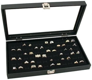Estuche de exhibición de joyas negro con parte superior de vidrio 72 ranuras compartimento bandeja de anillo - Imagen 1 de 5