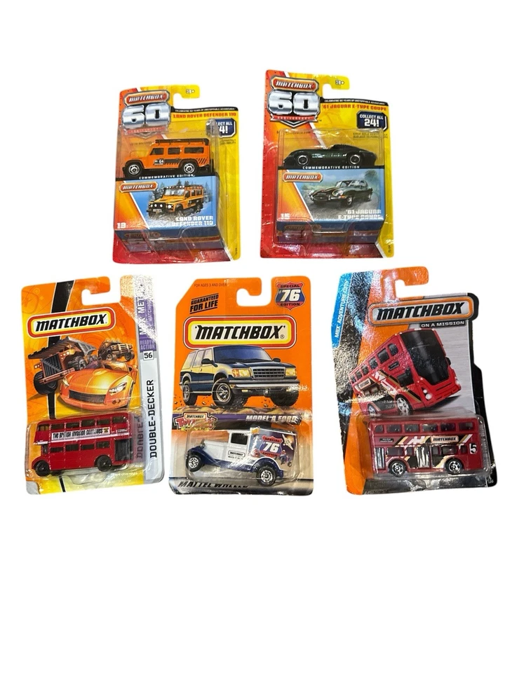 5 Mixed Matchbox Cars Lot Double Decker Land Rover Ford Bus Jaguar - Image 1 of 1
