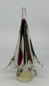 VTG Crystal Art Glass Christmas Tree Paperweight Figure Decor Red Green Gold 8” - Picture 1 of 8