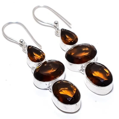 Orecchini In Argento Sterling 925 Con Pietra Preziosa Quarzo Affumicato 2.5" - Immagine 1 di 4