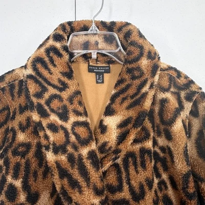 Abrigo polar Susan Graver Weekend reversible estampado de leopardo camel peluche sherpa 1X Foto 1 de 4