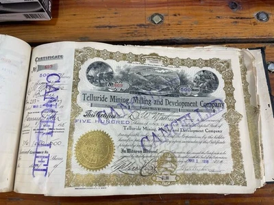 Libro certificado de acciones Telluride Mining Milling Development Co 501-694 1915-1916 Foto 1 de 4