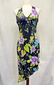 Abito midi vintage 90 cache scollo supporto asimmetrico vibrante floreale tropicale 8 raro - Foto 1 di 12