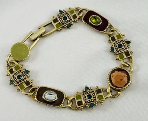 LIZ CLAIBORNE Gold Tone Enamel & Rhinestone Link Panel Bracelet - Picture 1 of 7