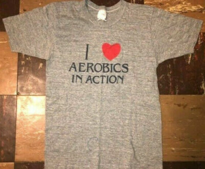 I LOVE AEROBICS IN ACTION Vtg 70s 1980s Rayon 12% TRI BLEND heather Gray T Shirt - Image 1 of 3