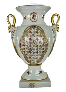 Limoges Sevres französische Porzellan Castel Vase auf Sockel mit Schwanengriffen & Goldrand - Bild 1 von 16
