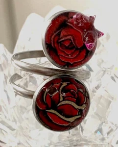 Handcrafted Art Resin Adjustable Open Ring Finger Wrap, Pink Butterfly Over Rose - Picture 1 of 8