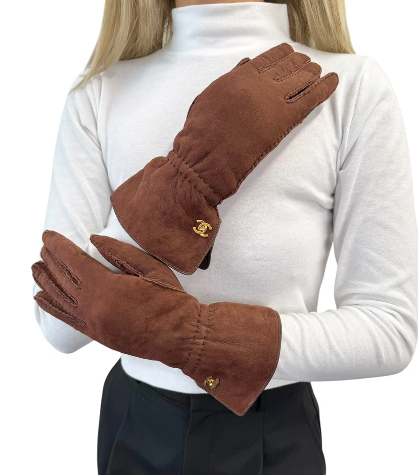 CHANEL Vintage CC Logo Gloves #L Fashion Accessory Brown Gold Suede Leather - Image 1 of 4