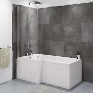 L-Shaped Shower Bath Left Hand 1700 x 850mm White Acrylic Modern Bathroom Tub - Picture 1 of 23