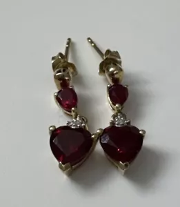 STUNNING 9ct Yellow Gold Lab Created Ruby and Natural Diamond Stud Drop Earrings - Picture 1 of 17