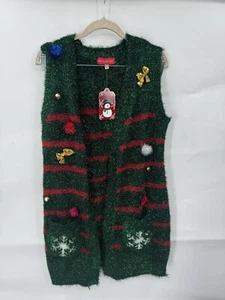 Blizzard Bay Weihnachtspullover Damen klein grün Urlaub Pailletten Schleife Wimpern Strick - Bild 1 von 10