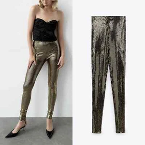 ZARA NEW METALLIC MIRRORED SEQUIN LEGGINGS GOLD SHINY XS - L 5039/238 - Picture 1 of 10