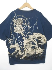 Karakuritamashii Fuujin Raijin Graphic T-Shirt 3XL Navy Japanese Style - Picture 1 of 8