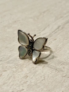 Vintage Schmetterling irisierende Perlen Ring Sterlingsilber 925 Größe 8,5 Cocktail Schmuck - Bild 1 von 10