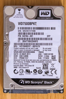 SATA Hard Drive 2.5" Western Digital Scorpio Black WD7500BPKT 750GB 7200RPM - Bild 1 von 4