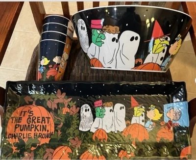 SNOOPY / PEANUTS GREAT PUMPKIN CHARLIE 棕色补丁场景 - PLATTER BOWL CUPS — 第 1/2 张图片