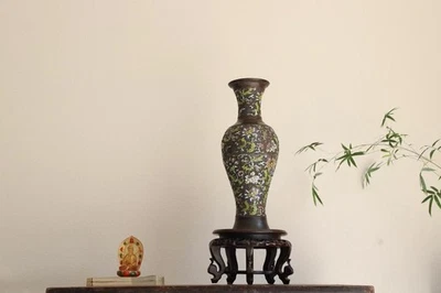 Qing Dynasty Cloisonné Enamel Phoenix-Tail Vase – Elegant Antique Decor - Image 1 of 4